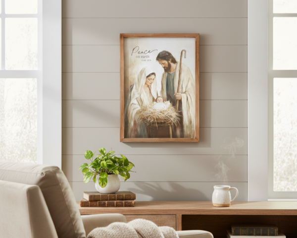 a2ab7dd2-5b7c-4243-8222-2e768eb48f25 "Peace on Earth" Holy Family Nativity Scene Framed Linen Wall Art