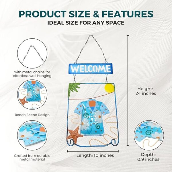 Tropical metal welcome sign featuring a coastal, sun-drenched beach theme.