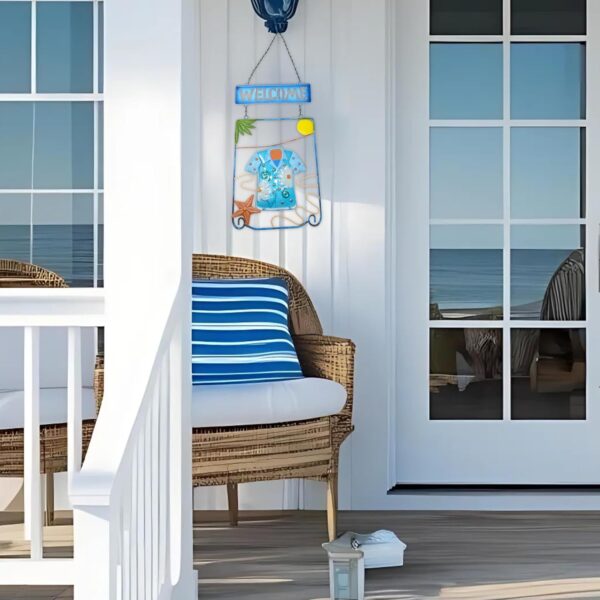 Tropical metal welcome sign featuring a coastal, sun-drenched beach theme.