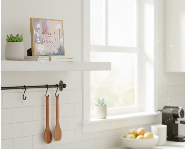 5x5 Blessed Is She Who Has Believed Floral Wooden Tabletop Plaque