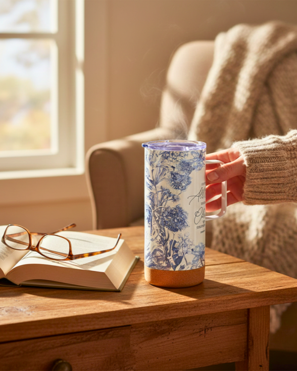 b07d93da-1919-43dd-aa62-061ebbaac26c Philippians 4:13 Blue Floral 16oz Stainless Steel Tumbler with Cork Base