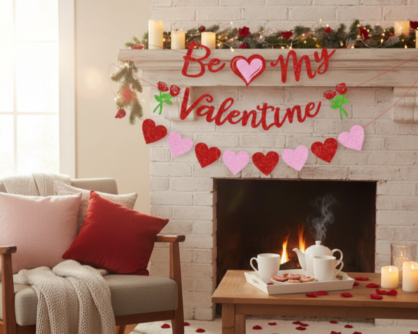 b82afb5f-d586-4d0f-9bc4-eb31b342daf4 Romantic Red Glitter Valentine Banner Set with Rose and Heart Decorations
