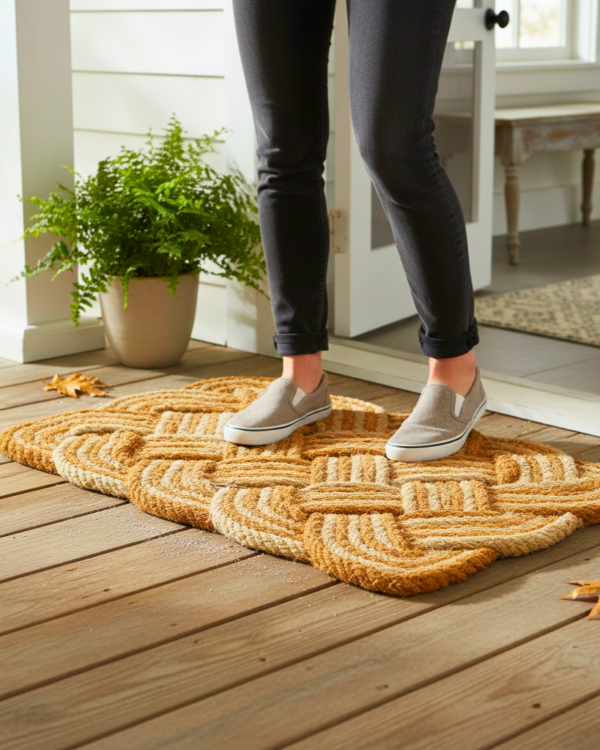 ba74c811-77bb-45ec-8ad5-10374a664369 Handwoven 24x17 tan and yellow nautical rope doormat for entry ways.