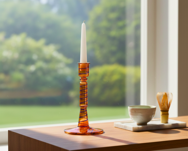 c9c059b3-653d-43db-a071-446acb1d8660 7-Inch High Orange Glass Taper Candleholder with Elegant Blue Spiral Accents