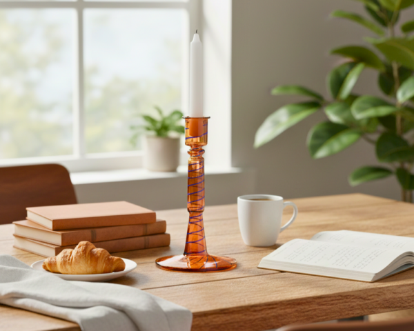 cafb9ceb-7971-4d39-b050-ac197fd9f2c3 7-Inch High Orange Glass Taper Candleholder with Elegant Blue Spiral Accents