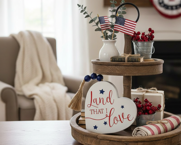 Decorative white heart plaque with a tassel and patriotic message.
