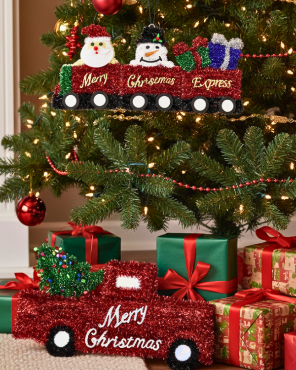 Set of Two Twenty-Five Inch Red Tinsel Christmas Truck and Train Decorations