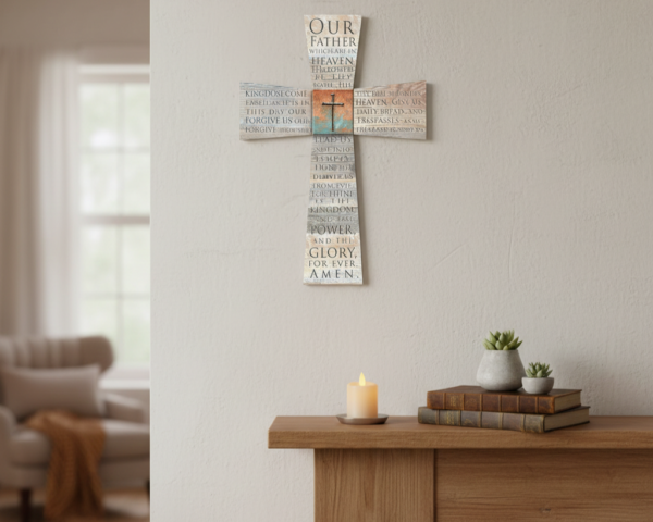 Rustic Wooden Wall Cross with The Lord's Prayer and Centered Nail
