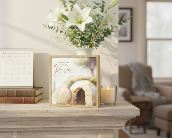 e0eb35b1-5261-4542-9716-69d5202b3c72 (1) He Is Risen Matthew 28:6 Framed Watercolor Empty Tomb Easter Tabletop Plaque