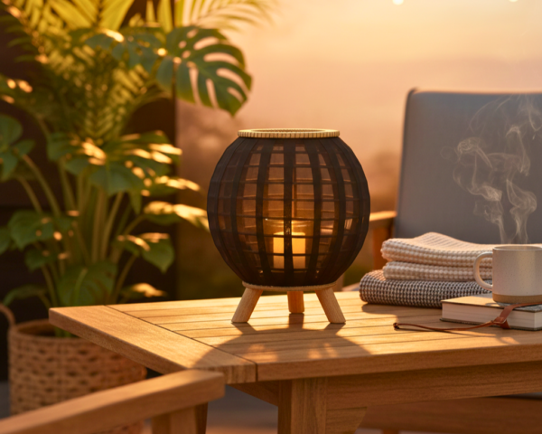 e1df3adc-3058-4420-a43d-b59c3e046ace Small 9.5" Black Bamboo Lantern with Sheer Fabric and Tripod Wood Legs