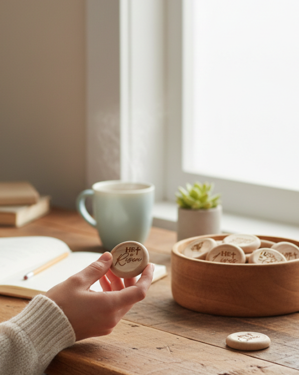 1.25-Inch Engraved Wooden Comfort Stones with Faith Messages and Display Tub