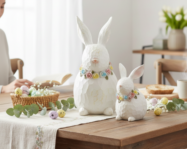 Set of Three White Resin Spring Bunnies with Colorful Floral Neck Wreaths