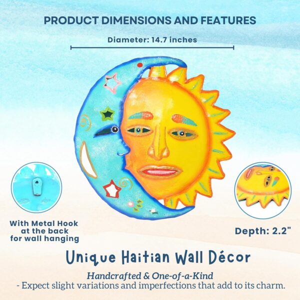 Handcrafted Haitian metal sun and moon face wall art decor.