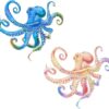Vibrant set of two embossed metal octopuses for coastal decor.