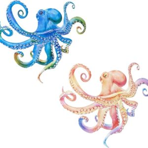 Vibrant set of two embossed metal octopuses for coastal decor.