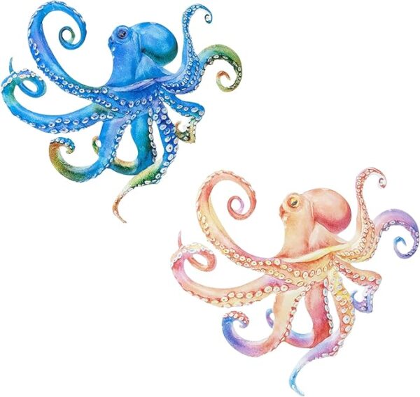 Vibrant set of two embossed metal octopuses for coastal decor.