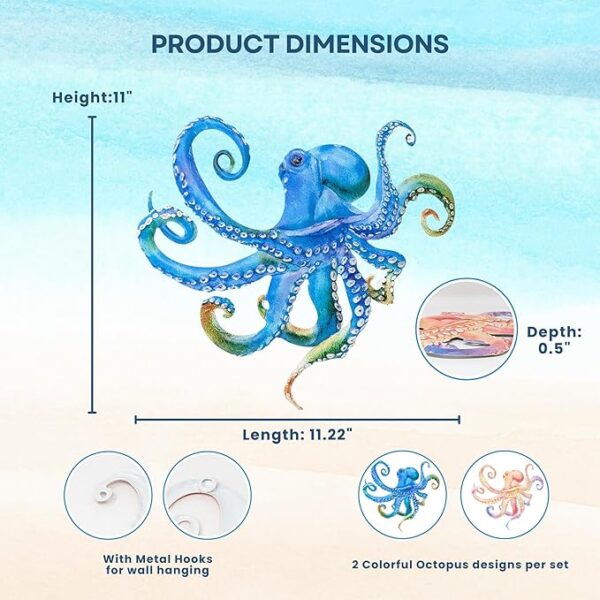 Vibrant set of two embossed metal octopuses for coastal decor.