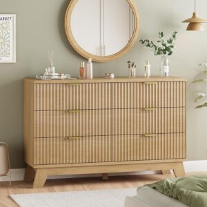 Modern Fluted Wood Dresser Six Drawer Storage Cabinet Natural Oak
