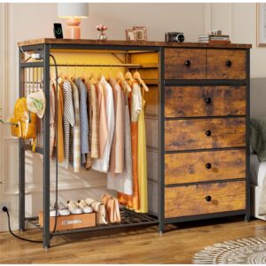 Wide Dresser with Hanging Rack Fabric Drawers LED Charging Station