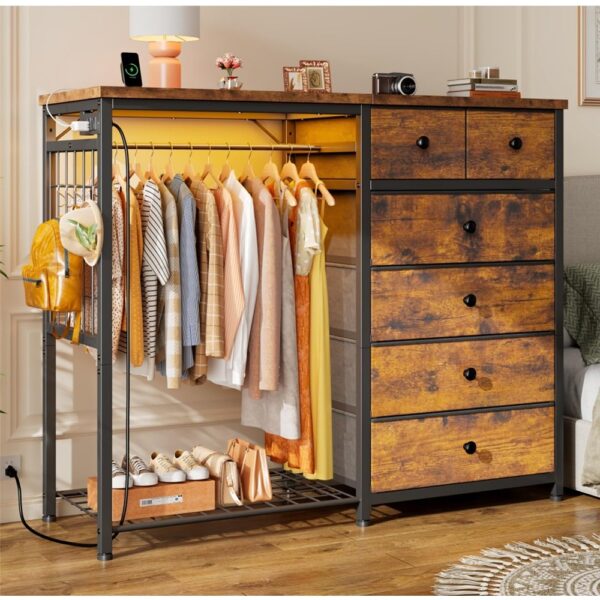 1 Wide Dresser with Hanging Rack Fabric Drawers LED Charging Station