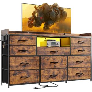 Long Dresser TV Stand Eleven Drawer Storage with LED Power Shelves