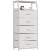 1 White Fabric Dresser Five Drawer Storage Tower with Wood Top