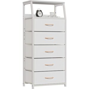 White Fabric Dresser Five Drawer Storage Tower with Wood Top