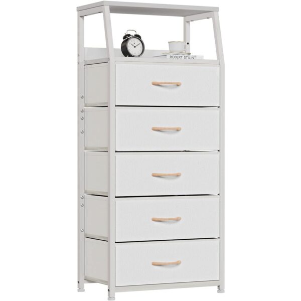 1 White Fabric Dresser Five Drawer Storage Tower with Wood Top