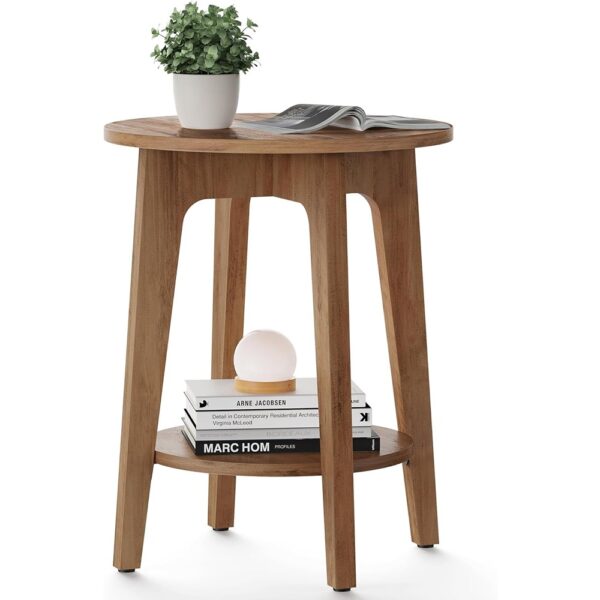 Round Two Tier Side Table Nightstand with Wooden Legs