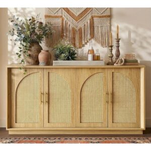 Farmhouse Sideboard Buffet Cabinet with Rattan Doors Media Storage Console