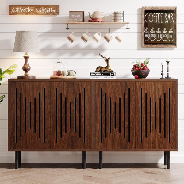 Set Two Sideboard Buffet Cabinets with Storage Adjustable Shelves Brown
