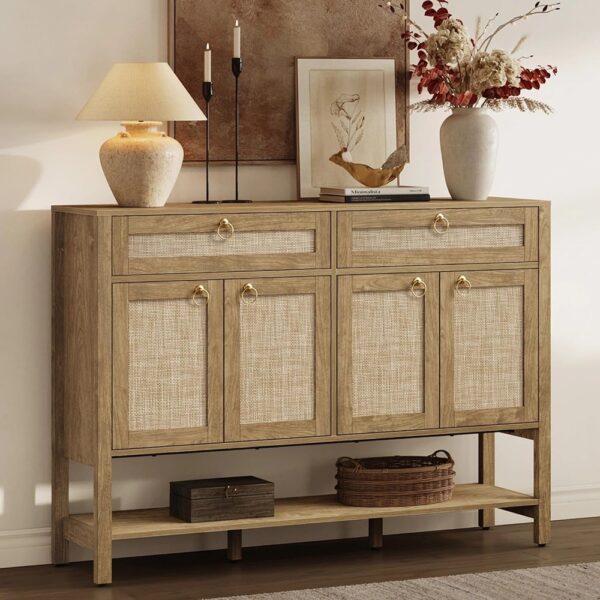 Rattan Sideboard Buffet Cabinet Four Door Storage with Drawers Console