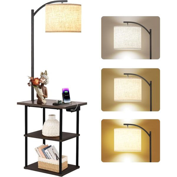 Floor Lamp Side Table with Charging Station and Shelves