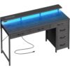 1 Gaming Desk with Drawers LED Lights Power Outlets Storage Workstation