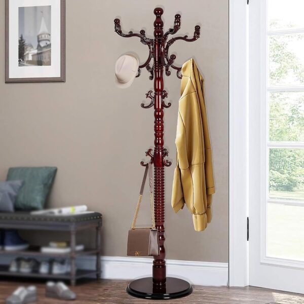 Wooden Coat Rack Stand with Hooks Adjustable Height Freestanding Organizer