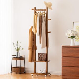 1 Solid Wood Coat Rack with Wheels Shelves Hooks Freestanding Organizer