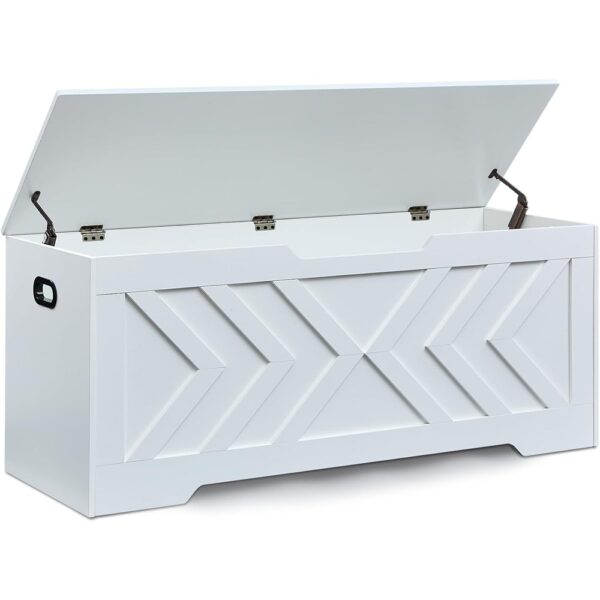 Large Wooden Storage Bench with Safety Hinges Entryway White