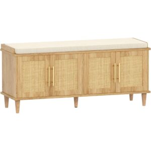 1 Rattan Shoe Storage Bench with Cushion Adjustable Shelves Oak