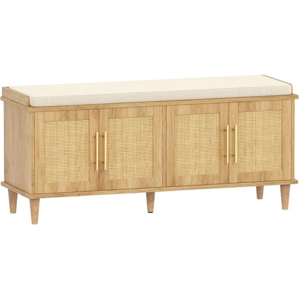 Rattan Shoe Storage Bench with Cushion Adjustable Shelves Oak