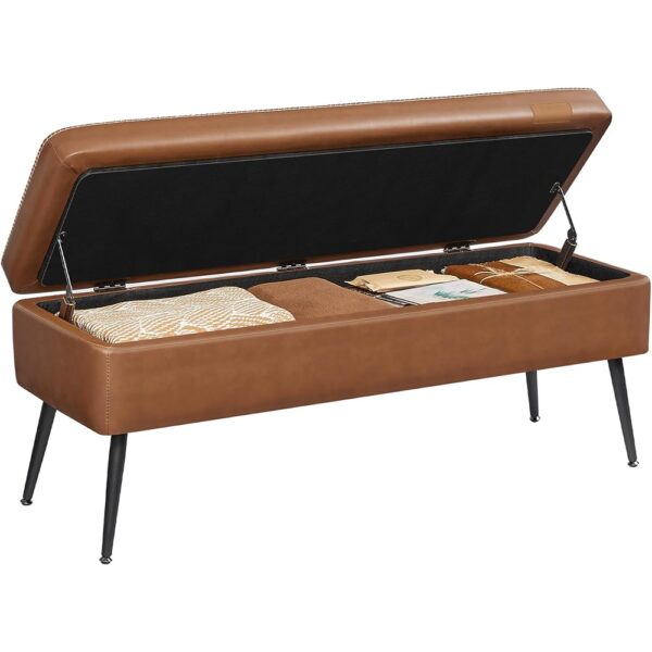 Mid Century Storage Ottoman Bench Synthetic Leather with Hinges Brown