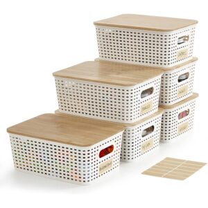 Plastic Storage Bins with Bamboo Lids Stackable Organizer Containers Set