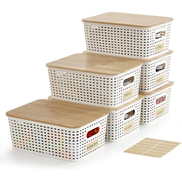 1 Plastic Storage Bins with Bamboo Lids Stackable Organizer Containers Set