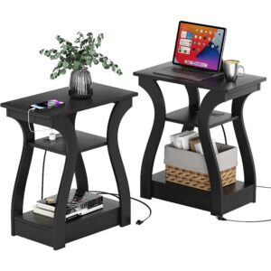 1 Black End Table Set with Charging Station USB Shelf Storage