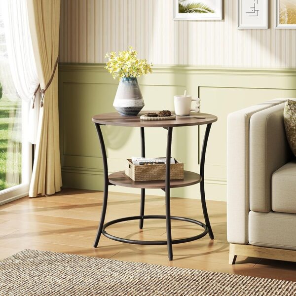 Round Side Table with Storage Shelves Metal Frame Nightstand