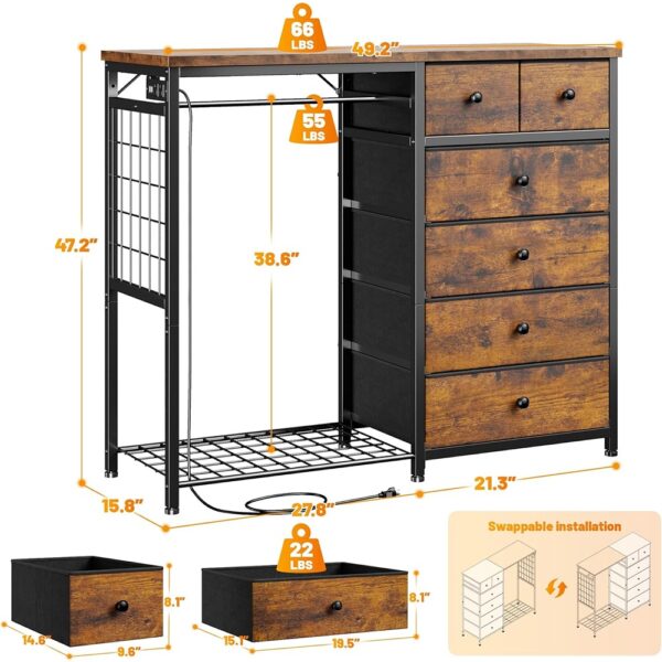 2 Wide Dresser with Hanging Rack Fabric Drawers LED Charging Station