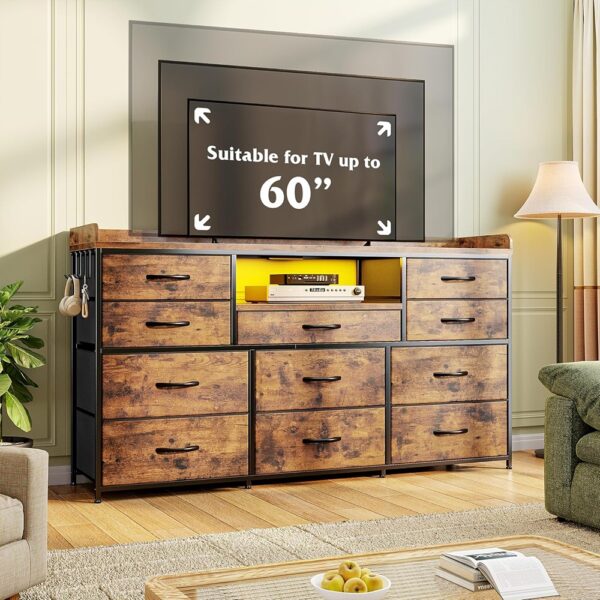 Long Dresser TV Stand Eleven Drawer Storage with LED Power Shelves