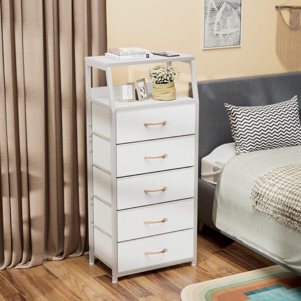 2 White Fabric Dresser Five Drawer Storage Tower with Wood Top