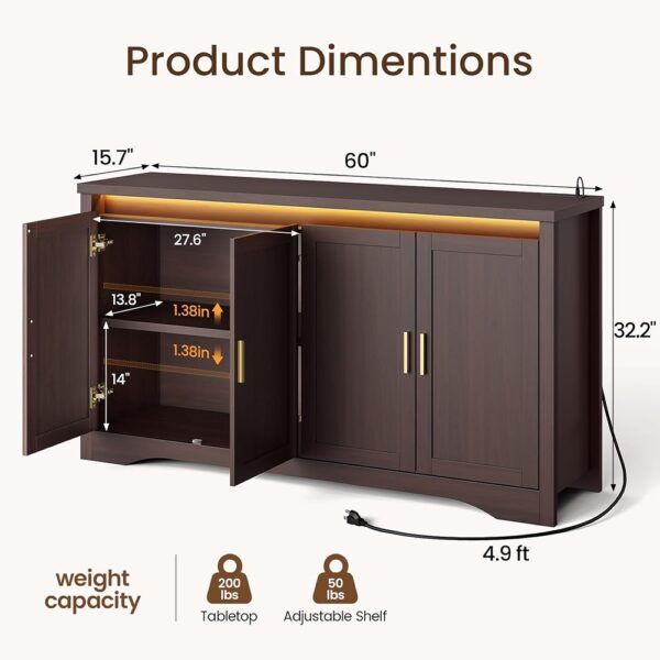 Modern Sideboard Buffet Cabinet with LED Power Storage Four Doors