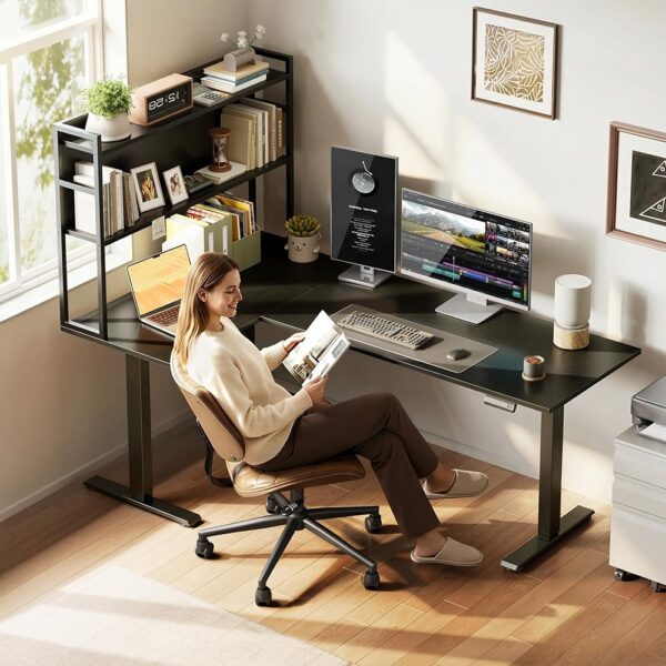 2 L Shaped Electric Standing Desk Adjustable Corner Workstation with Hutch