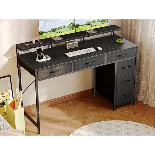2 Gaming Desk with Drawers LED Lights Power Outlets Storage Workstation